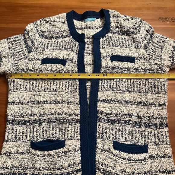 J. McLaughlin Women's White Blue Knitted Open Front Structed Cardigan Sz Medium - Picture 5 of 6